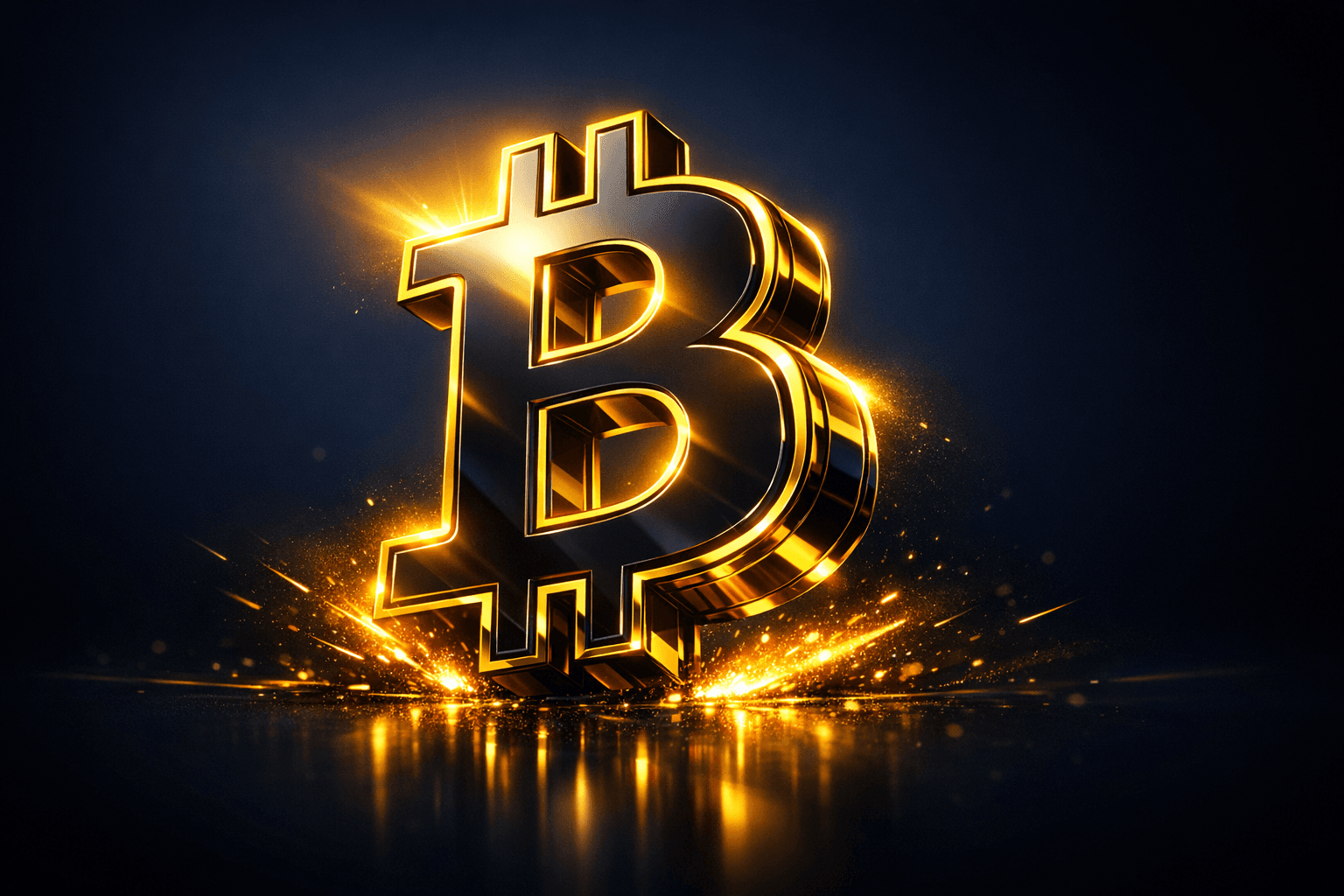 Símbolo 3D brillante de Bitcoin en oro sobre fondo oscuro: ilustración cripto futurista con chispas y efecto de brillo.