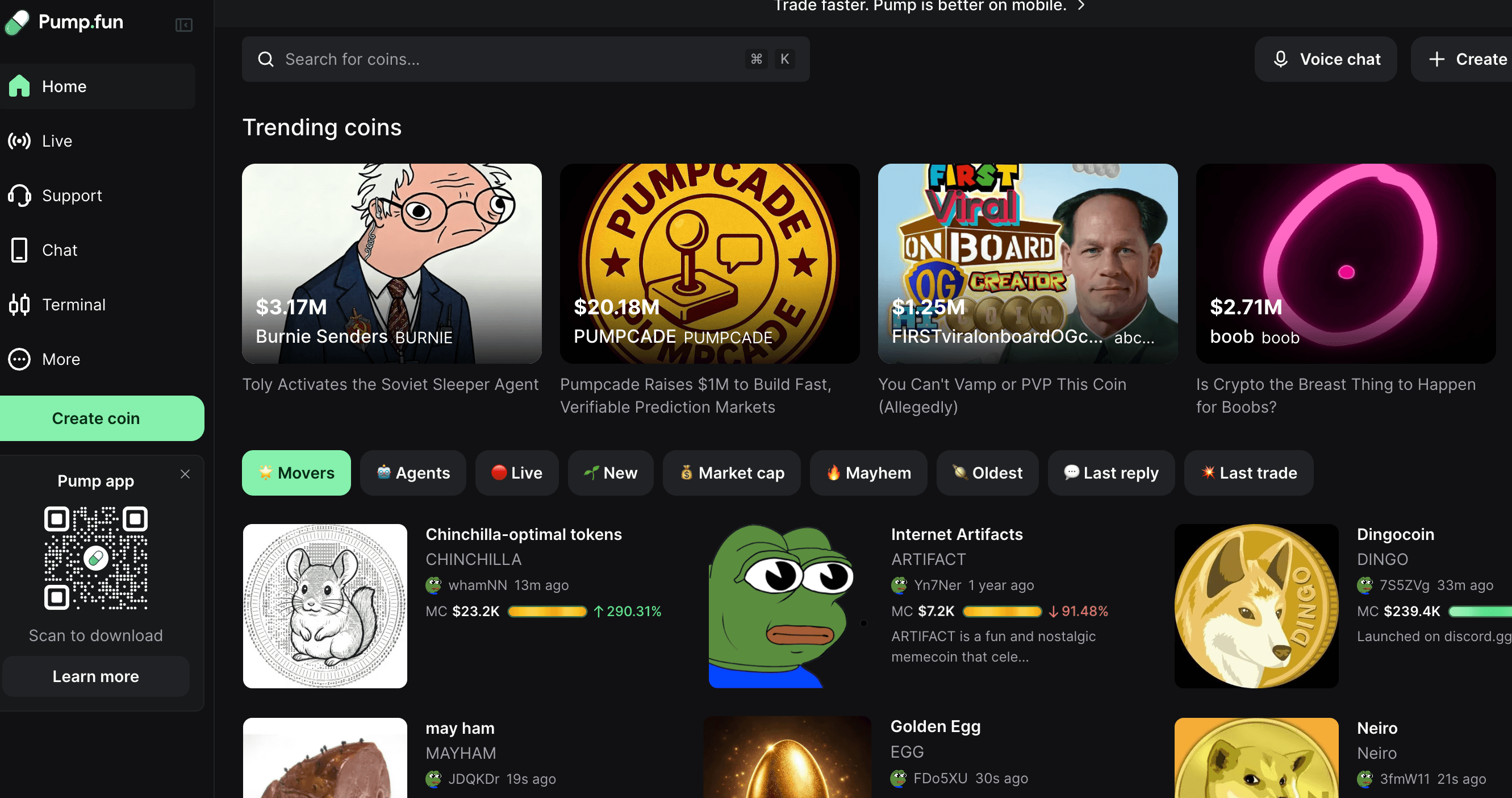 لوحة تحكم Pump.fun تعرض العملات الميمية الرائجة، والقيمة السوقية، وواجهة المستخدم مع قوائم العملات وفلاترها.