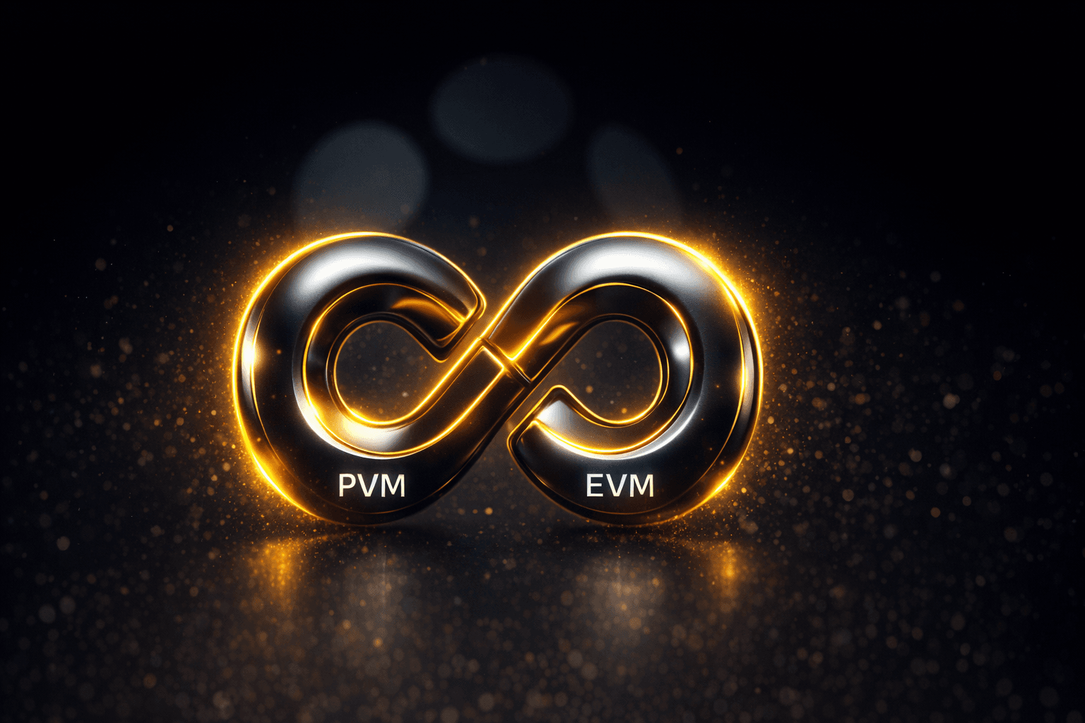 Símbolo de infinito metálico que conecta PVM y EVM con un brillo dorado – imagen simbólica para la interoperabilidad blockchain y la compatibilidad cross-chain.