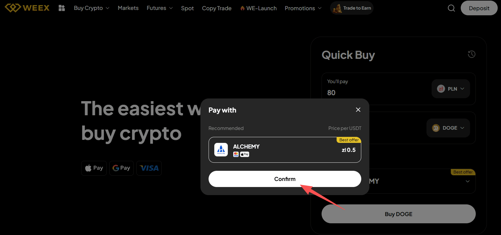الخطوة الثانية: كيف تشتري عملة دوجكوين (DOGE) باستخدام عملة الزلوتي البولندي (PLN) في سوق التداول خارج البورصة (WEEX OTC)؟ نسخة الويب